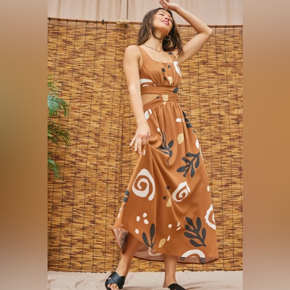 ILLA ILLA Brown and White graphic print open waist sleeveless maxi dress size S - Picture 1 of 14